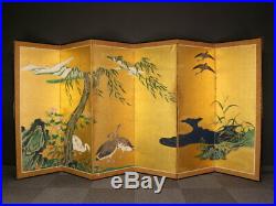 Nw1286ctjbSw1 Japanese Gold Folding Screen WILLOW TREE & GEESE Mid-Edo