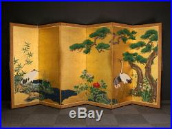 Nw1287ctjbSw1 Japanese Gold Folding Screen PINE TREE & CRANE Mid-Edo