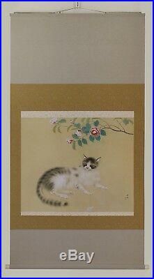ORIGINAL PAINTING CAT JAPANESE HANGING SCROLL ART Camellia VINTAGE Japan 795a