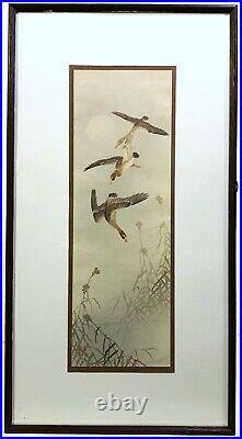 Original Antique JAPANESE WATERCOLOR PAINTING Geese Descending