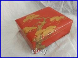 Original Antique Japanese Meiji Period Hand Painted Red & Gold Lacquer Table Box