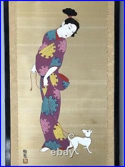 Original Japanese Silk Painting Geisha & Dog 36 X 17 Inches Antique Signed
