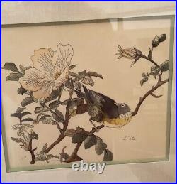 Original Painting Oriental Painting On Silk Bird Branch Japanese Artwork Japan