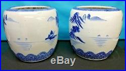 Pair Antique Japanese Blue And White Porcelain Jars Hand Painted