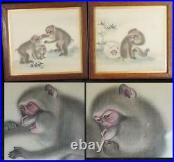 Pair Antique Japanese Meiji Period Monkey Paintings On Silk