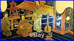Pair Antique Japanese Taisho Gold Leaf Painted Folding Court Scene Wall Shelves