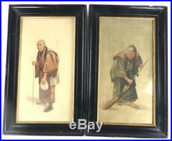 Pair Antique Oriental Water Colour Paintings On Fabric Figure Chinese Japanese