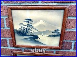 Pair Japanese antique C1900 Meiji Period lacquer paintings views of Mount Fuji