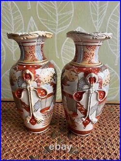 Pair Meiji period Satsuma vases, 9 inch, hand painted, 1890-1910, stoneware