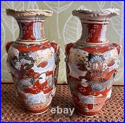 Pair Meiji period Satsuma vases, 9 inch, hand painted, 1890-1910, stoneware