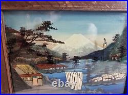 Pair Of Antique Japanese Reverse Painting On Glass Mount Fuji Original Frame