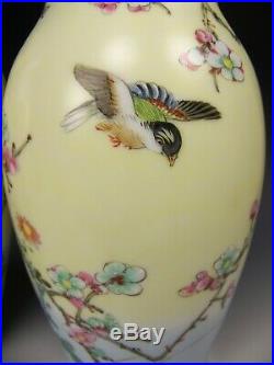 Pair Of Japanese Kutani Porcelain Hand Painted Birds & Apple Blossoms Vases