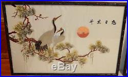 Pair Of Japanese Silk Birds On Bonsai Tree Embroidery Tapestry Paintings Signed