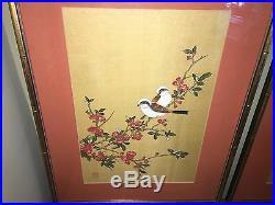Pair Of Oriental Silk Scroll Fragments Birds Painted P. Chan Bamboo Japanese
