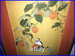 Pair Of Oriental Silk Scroll Fragments Birds Painted P. Chan Bamboo Japanese