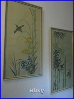 Pair Original Japanese paintings with nice colours birds and bamboo plants