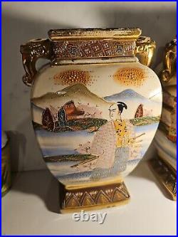 Pair of Vase XL Antique Japanese Kutani Meiji Hand Painted. 1930s. Stamped. RARE