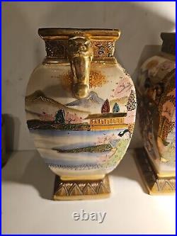 Pair of Vase XL Antique Japanese Kutani Meiji Hand Painted. 1930s. Stamped. RARE