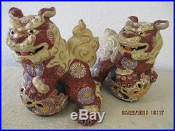 Pair of Vintage Large Ornate Hand Painted Foo Dog Statues with Gold Gilt 1960