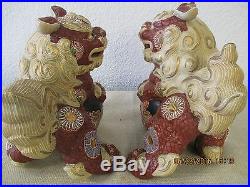 Pair of Vintage Large Ornate Hand Painted Foo Dog Statues with Gold Gilt 1960