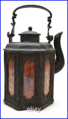 RARE Antique East Asian Tetsubin Cast Iron Painted Panel Teapot