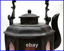 RARE Antique East Asian Tetsubin Cast Iron Painted Panel Teapot