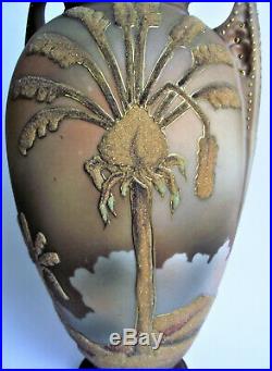 RARE Antique NIPPON Coralene PALM TREE Painted JAPANESE Porcelain Vase PATENT