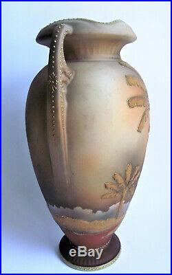 RARE Antique NIPPON Coralene PALM TREE Painted JAPANESE Porcelain Vase PATENT