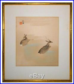 RESTING PAIR DEER' (JAPAN) MID-20TH C WithC SIGNED/STAMPED FAUX BAMBOO GOLD FRAME