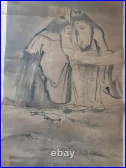 Rare Antique Japanese Sesshu Toyo Scroll Painting Of Zen Kanzan & Jittoku