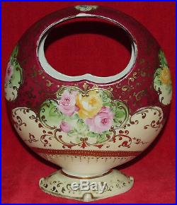 Rare Antique Nippon Moon Basket Vase Hand Painted Moriage Roses & Gold Scrolls
