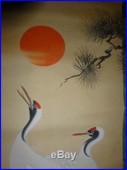 Rare Japanese Antique Silk Hand Painted Hanging Scroll Crane Pine Tree Sunrise