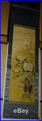 Rare Japanese Vintage Silk Hand Painted Hanging Scroll Signed Peony & Magnolia