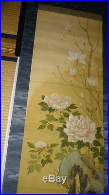Rare Japanese Vintage Silk Hand Painted Hanging Scroll Signed Peony & Magnolia