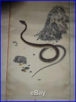 Rare Japanese Vintage Silk Hand Painted Hanging Scroll Signed Red Snake Viper