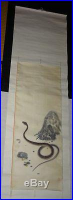 Rare Japanese Vintage Silk Hand Painted Hanging Scroll Signed Red Snake Viper
