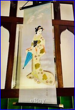 Rare Signed Japanese Scroll Hand Painted on Silk Shimamoto Bijutsu Geisha Japan
