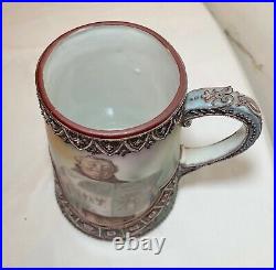 Rare antique Japanese Moriage porcelain enameled hand painted friar mug stein