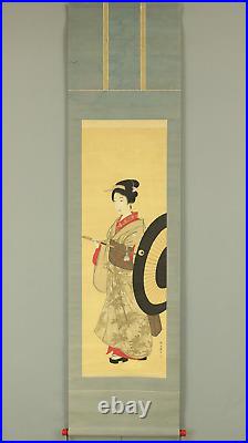 Ryuzan Osaku Hanging scroll / Ukiyo-e Bijin Beauty Holding Umbrella Box