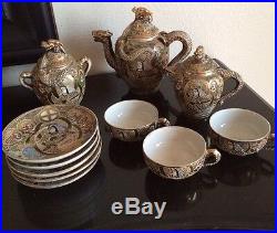 SATSUMA Antique Gold Japanese Tea Set Immortals Style Hand Painted Very Old