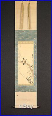 SPARROW JAPANESE PAINTING Bird HANGING SCROLL OLD FROM JAPAN PLUM Picture d576