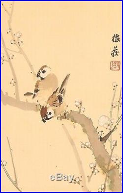 SPARROW JAPANESE PAINTING Bird HANGING SCROLL OLD FROM JAPAN PLUM Picture d576