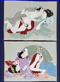 Shunga Erotica, 12 Original Japanese Meiji Period, Paintings On Silk, Antique