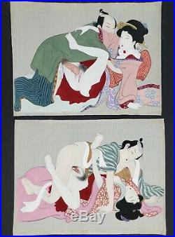 Shunga Erotica, 12 Original Japanese Meiji Period, Paintings On Silk, Antique