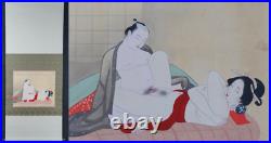 Shunga silk hand painting watercolor 1900s Japan Geisha craft