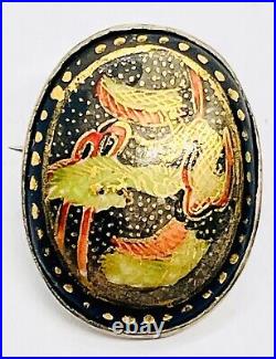 Signed Antique Meiji Japanese Satsuma Hand Painted, Gilded Porcelain Button Pin