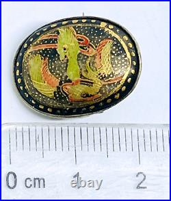 Signed Antique Meiji Japanese Satsuma Hand Painted, Gilded Porcelain Button Pin