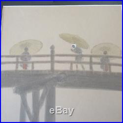 Signed Vintage Japanese Figures On Bridge Umbrella Painting Antique Landscape