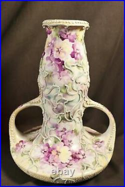 Spectacular Moriage African Violets Hand Painted Nippon Era Handled Vase 9.5