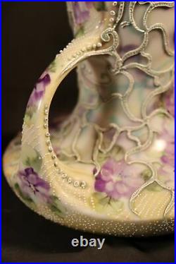 Spectacular Moriage African Violets Hand Painted Nippon Era Handled Vase 9.5